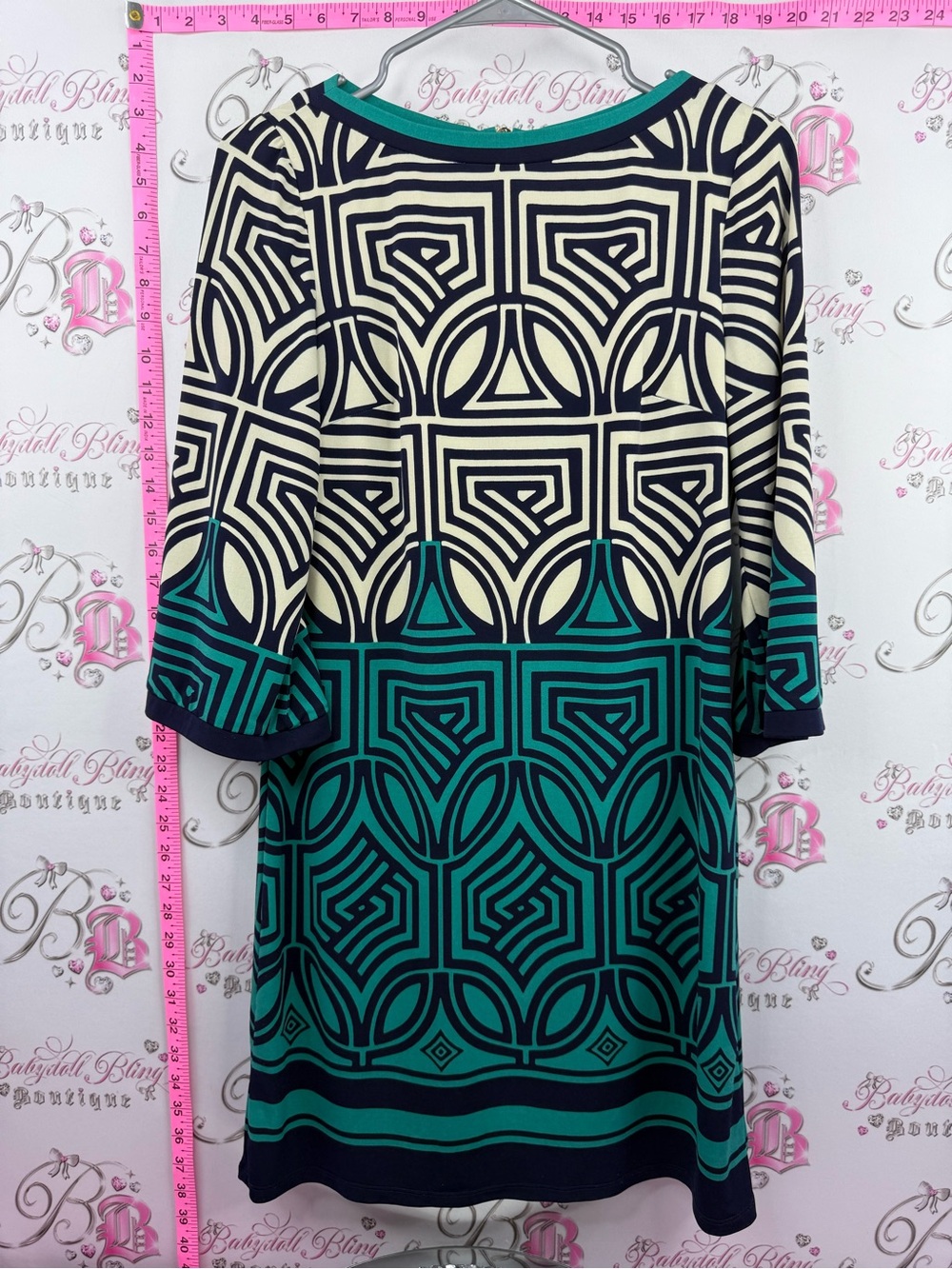 Eliza J dress zip up back Teal, Navy & Cream Geometric Boatneck Tunic